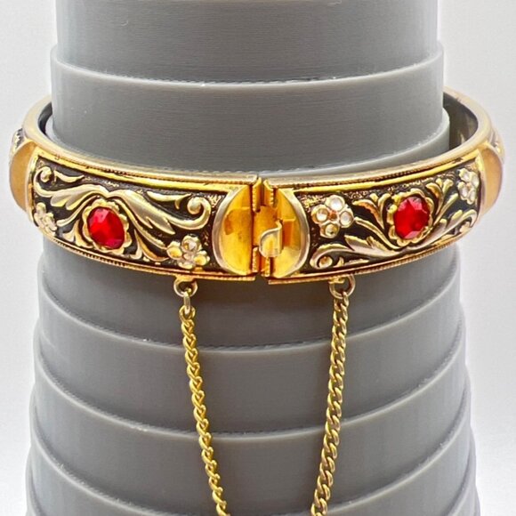 Vintage Spanish Damascene Bracelet Hinged Bangle Rhinestones Enamel Safety Chain - Picture 4 of 10